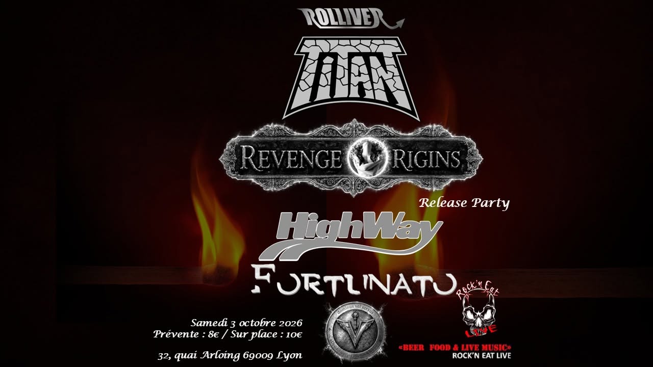 CONCERTS AURA : Octobre 2026 - Affiche TITAN + REVENGE ORIGINS + HIGHWAY + FORTUNATO au ROCK N EAT - AGENDA WTR MAG