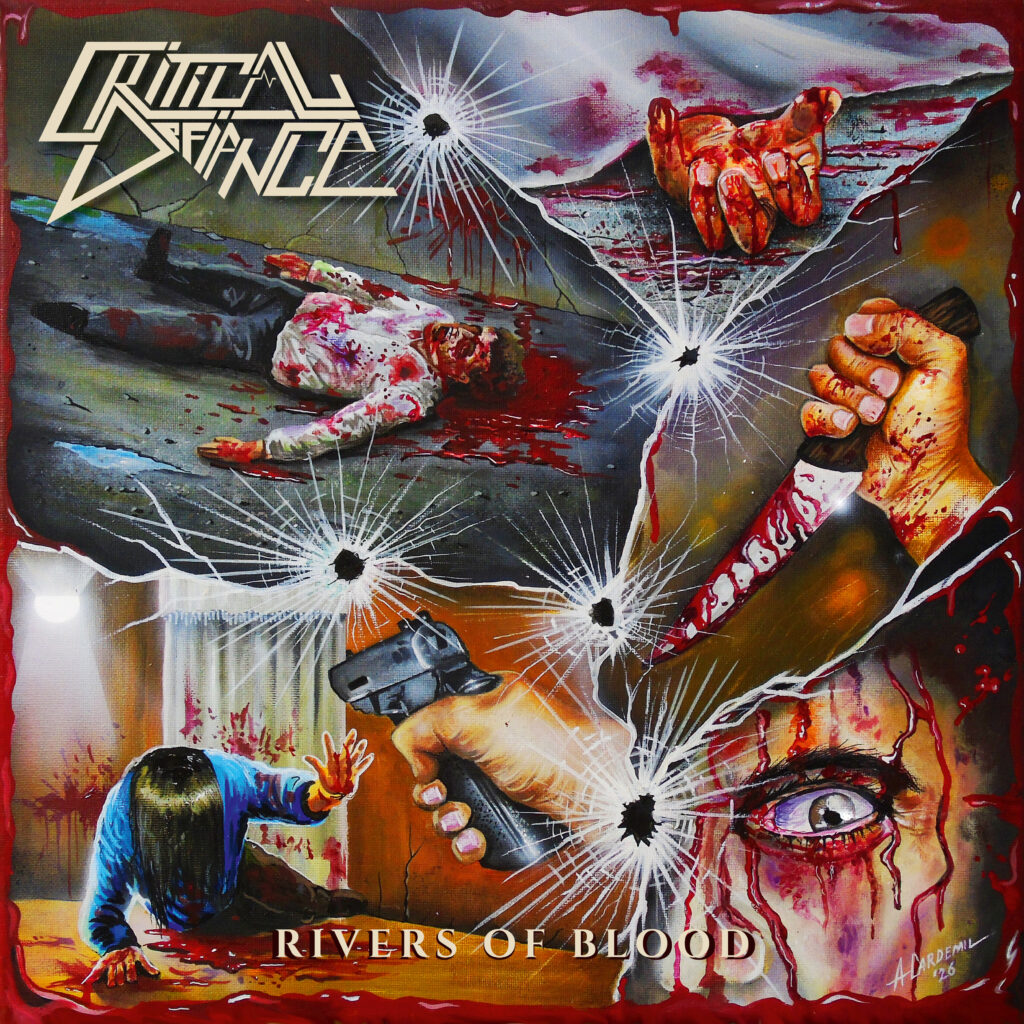 Pochette de l'album de CRITICAL DEFIANCE, Rivers of Blood, sorti en septembre 2026 chez Dying Victims Productions. Chronique WTR MAG