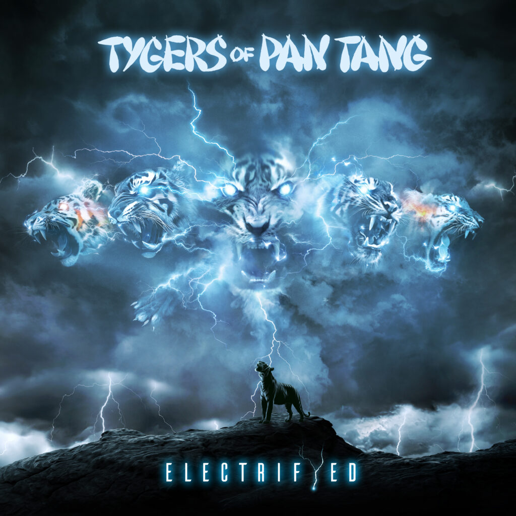 Pochette de l'album de TYGERS OF PAN TANG, Electrifyed sorti en septembre 2026 chez Mighty Music . Chronique WTR MAG