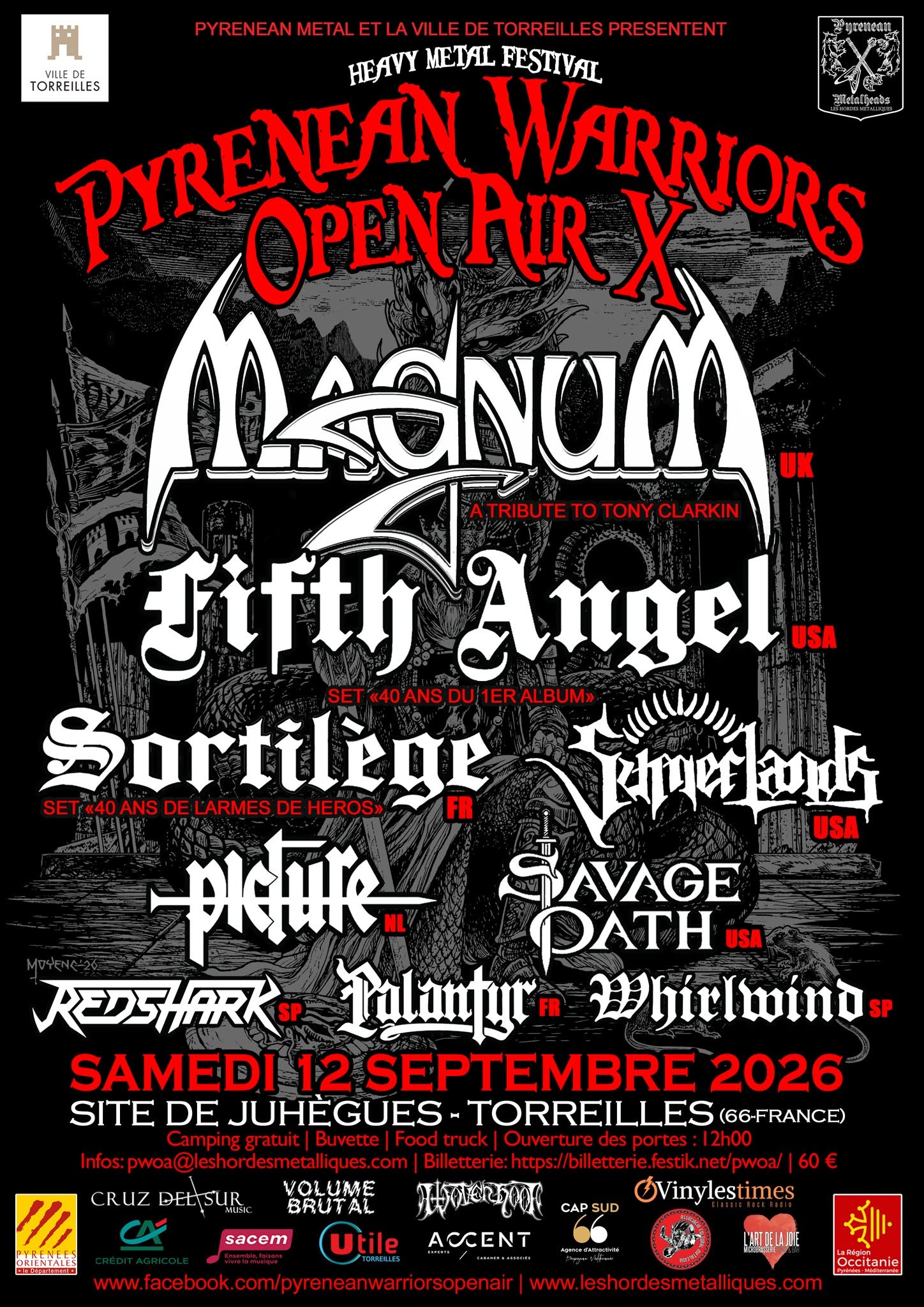 Affiche du Festival Heavy Metal PYRENEAN WARRIORS 2026 - 12 septembre 2026 à Toreilles (66)